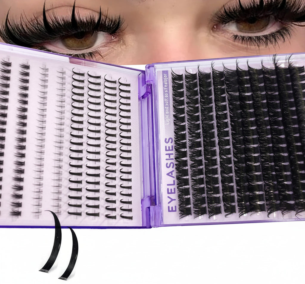 Eyelash set with a purple case and close-up of false eyelashes on a white background.