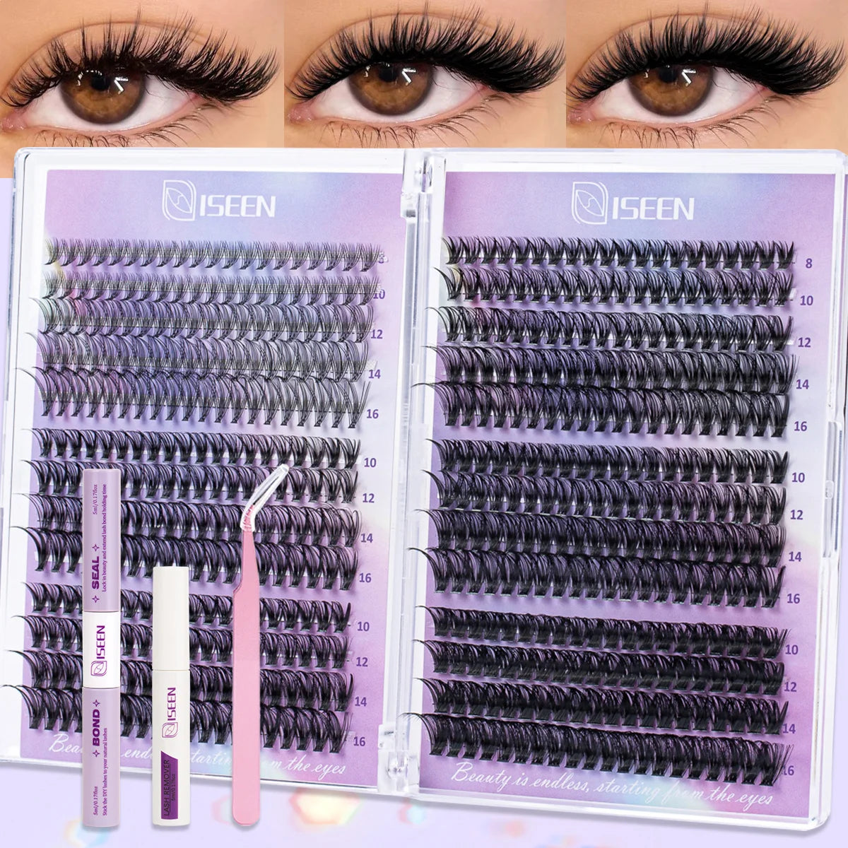 Opulash | DIY Cluster Lash Extensions | 8–16mm Natural Wispy Volume Lashes with Bond, Seal & Tweezers